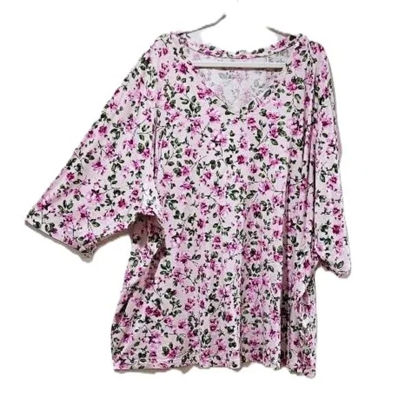 New PINK BLOSSOM VINE FLORAL V-NECK SHORT SLEEVE TEE 5X SPRING SUMMER - Picture 2 of 6